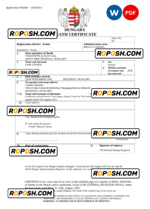 Hungary vital record death certificate Word and PDF template