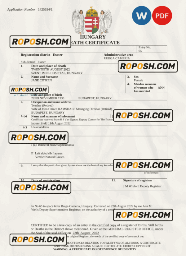 Hungary vital record death certificate Word and PDF template