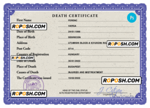 Hungary vital record death certificate PSD template