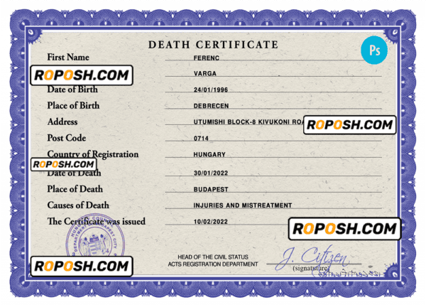 Hungary vital record death certificate PSD template