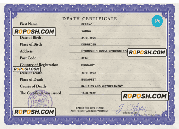 Hungary vital record death certificate PSD template
