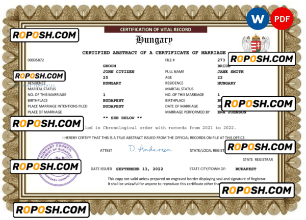 Hungary marriage certificate Word and PDF template, fully editable