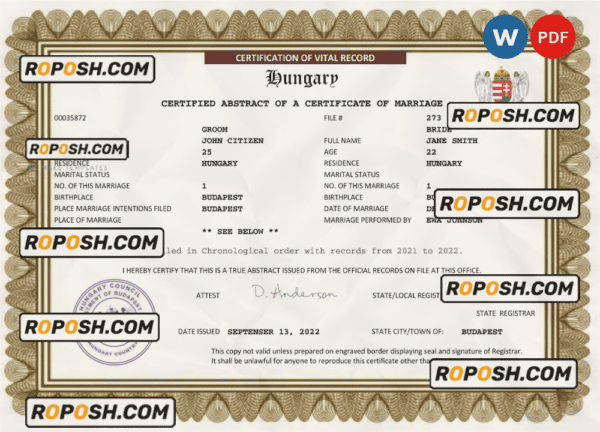 Hungary marriage certificate Word and PDF template, fully editable
