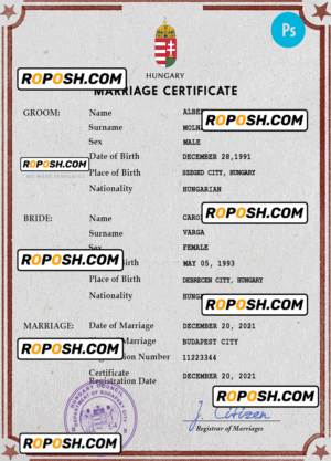 Hungary marriage certificate PSD template, fully editable