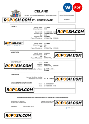 Iceland birth certificate Word and PDF template, completely editable