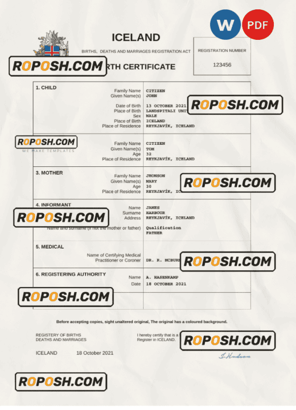 Iceland birth certificate Word and PDF template, completely editable