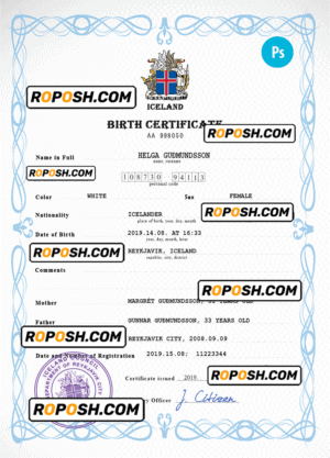 Iceland vital record birth certificate PSD template, fully editable