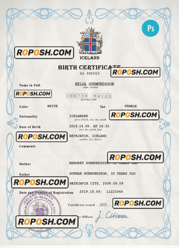 Iceland vital record birth certificate PSD template, fully editable