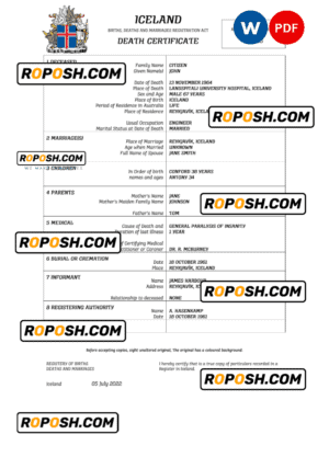Iceland vital record death certificate Word and PDF template