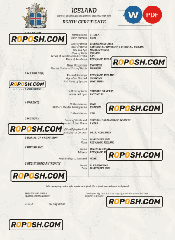 Iceland vital record death certificate Word and PDF template