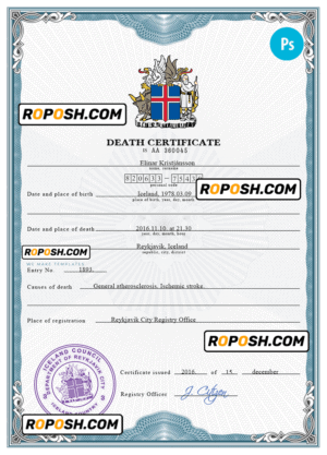 Iceland vital record death certificate PSD template, completely editable