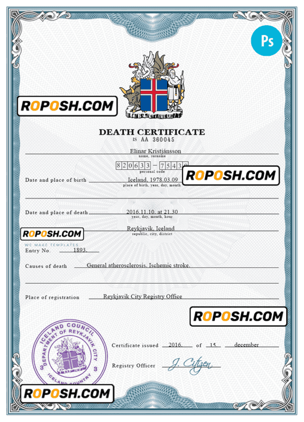 Iceland vital record death certificate PSD template, completely editable
