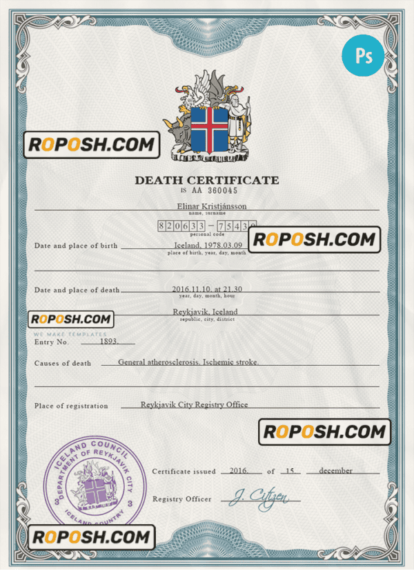 Iceland vital record death certificate PSD template, completely editable