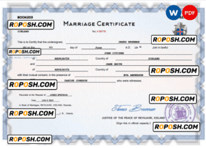 Iceland marriage certificate Word and PDF template, completely editable
