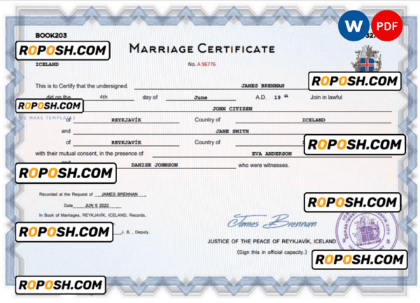 Iceland marriage certificate Word and PDF template, completely editable