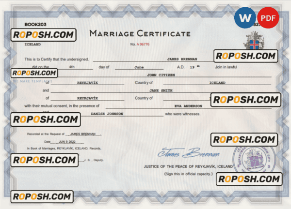Iceland marriage certificate Word and PDF template, completely editable