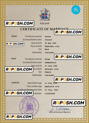 Iceland marriage certificate PSD template, completely editable