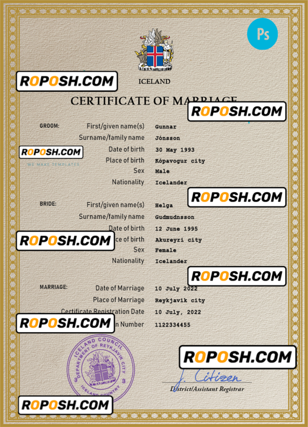 Iceland marriage certificate PSD template, completely editable