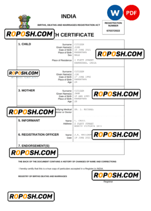 India vital record birth certificate Word and PDF template, completely editable