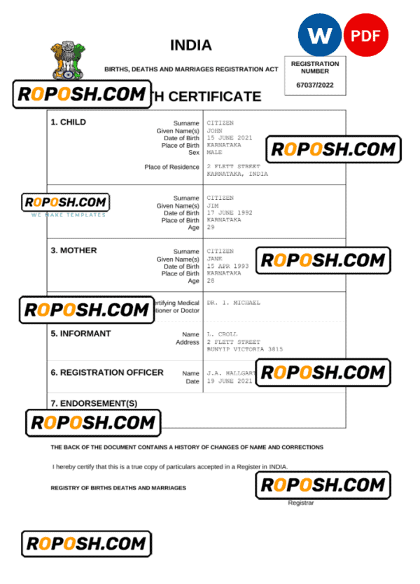 India vital record birth certificate Word and PDF template, completely editable