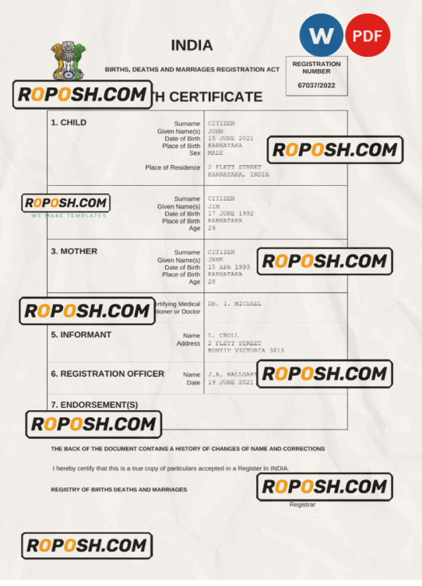 India vital record birth certificate Word and PDF template, completely editable
