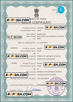 India vital record birth certificate PSD template
