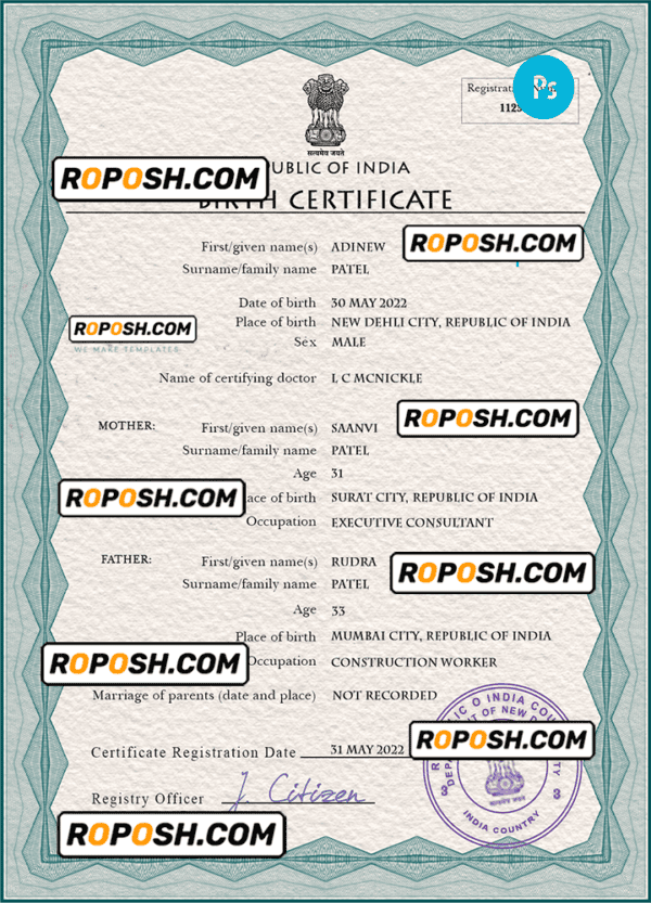India vital record birth certificate PSD template