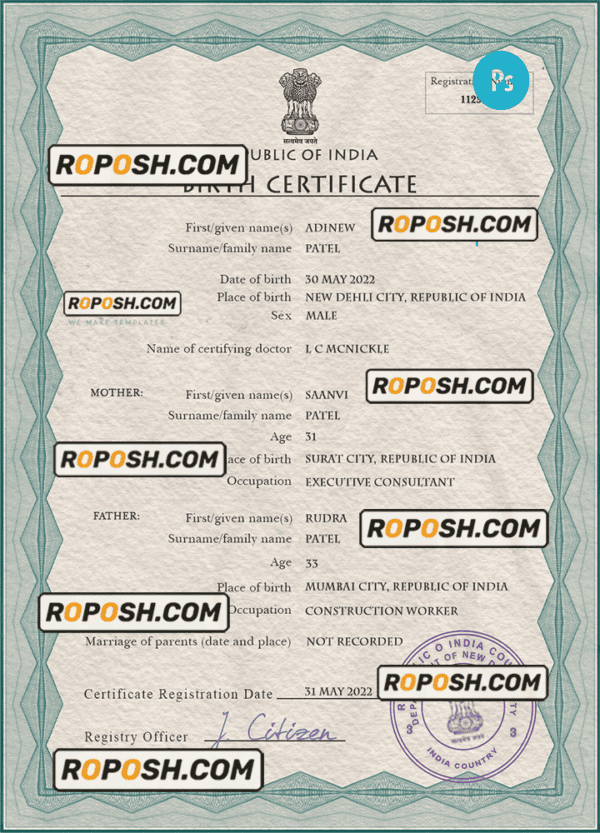 India vital record birth certificate PSD template