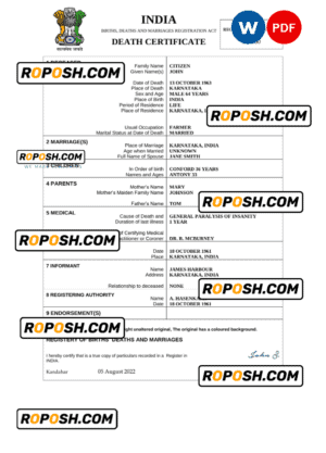 India death certificate Word and PDF template, completely editable