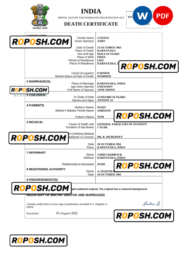 India death certificate Word and PDF template, completely editable