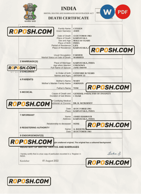 India death certificate Word and PDF template, completely editable