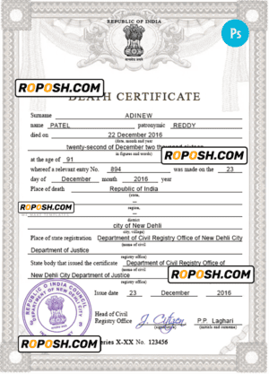 India death certificate PSD template, completely editable