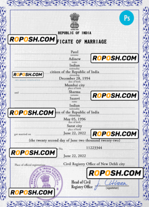 India marriage certificate PSD template, fully editable