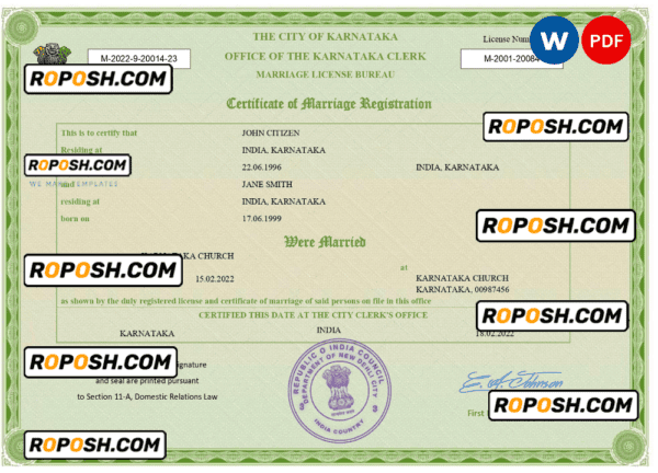 India marriage certificate Word and PDF template, fully editable