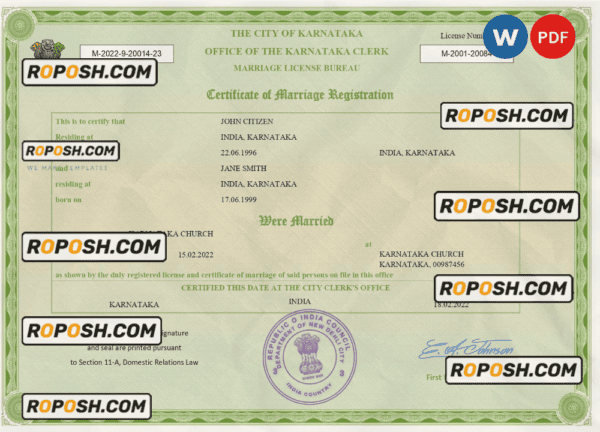 India marriage certificate Word and PDF template, fully editable