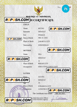 Indonesia vital record birth certificate PSD template, completely editable