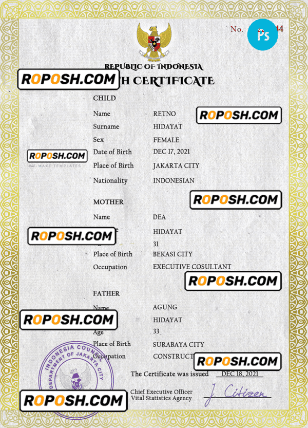 Indonesia vital record birth certificate PSD template, completely editable