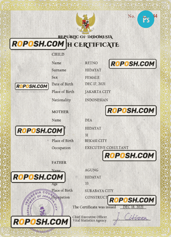 Indonesia vital record birth certificate PSD template, completely editable