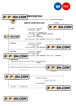 Indonesia birth certificate Word and PDF template, completely editable