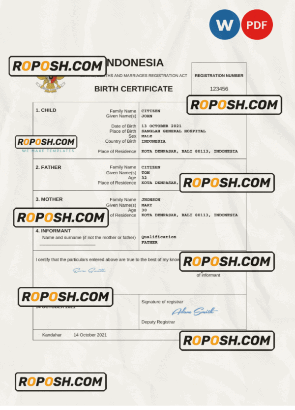 Indonesia birth certificate Word and PDF template, completely editable