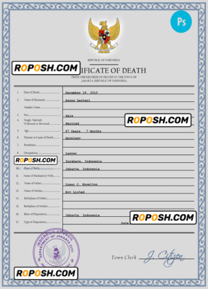 Indonesia vital record death certificate PSD template, fully editable