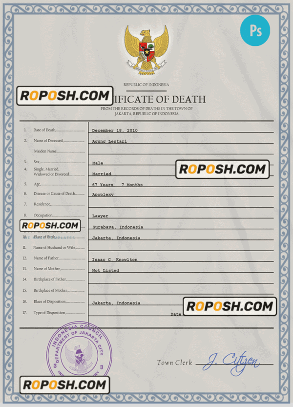Indonesia vital record death certificate PSD template, fully editable