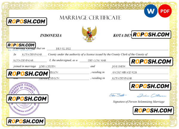 Indonesia marriage certificate Word and PDF template, completely editable