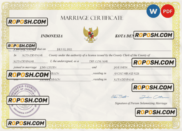 Indonesia marriage certificate Word and PDF template, completely editable