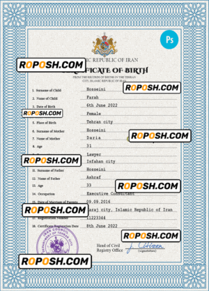 Iran birth certificate PSD template, completely editable