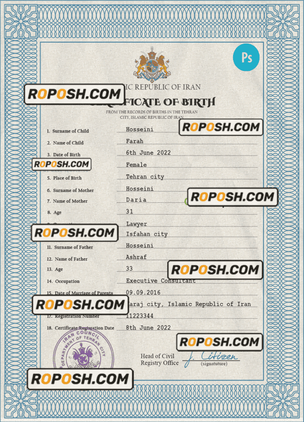Iran birth certificate PSD template, completely editable