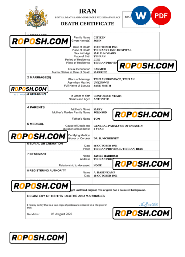 Iran death certificate Word and PDF template, completely editable