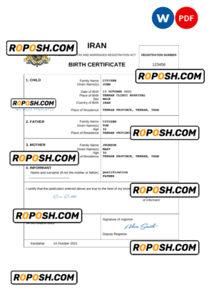 Iran vital record birth certificate Word and PDF template, completely editable