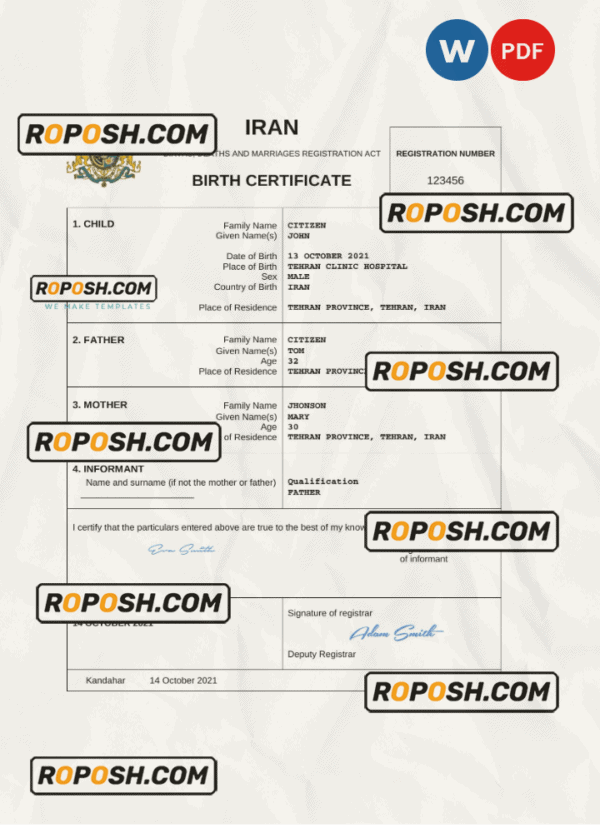 Iran vital record birth certificate Word and PDF template, completely editable