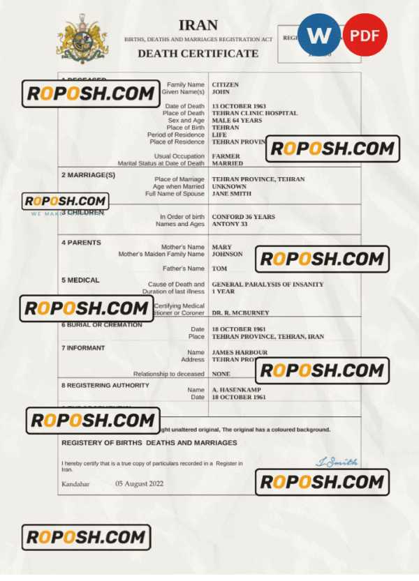 Iran death certificate Word and PDF template, completely editable